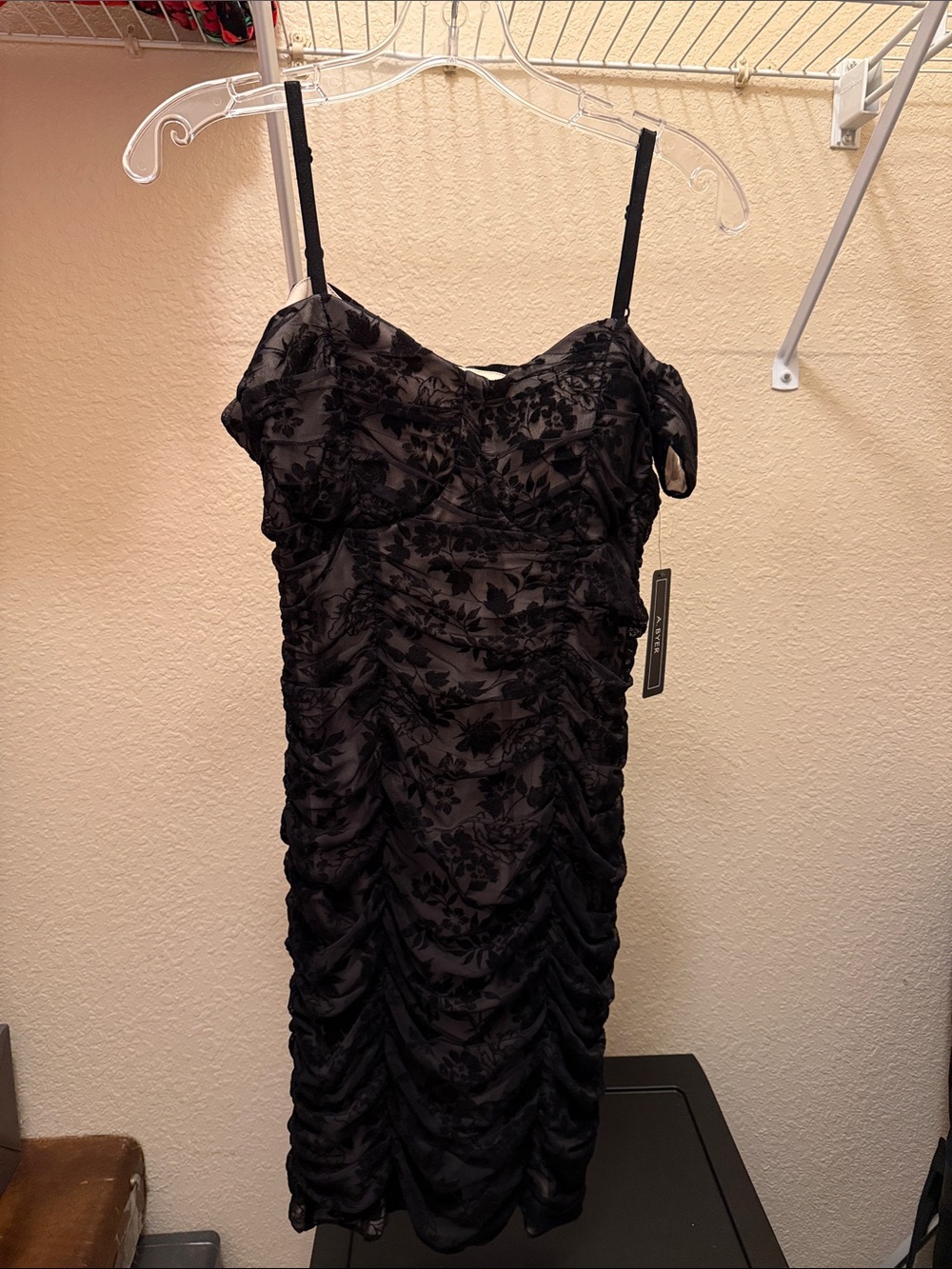 A. Byer Black Ruched Floral Lace Midi Dress
